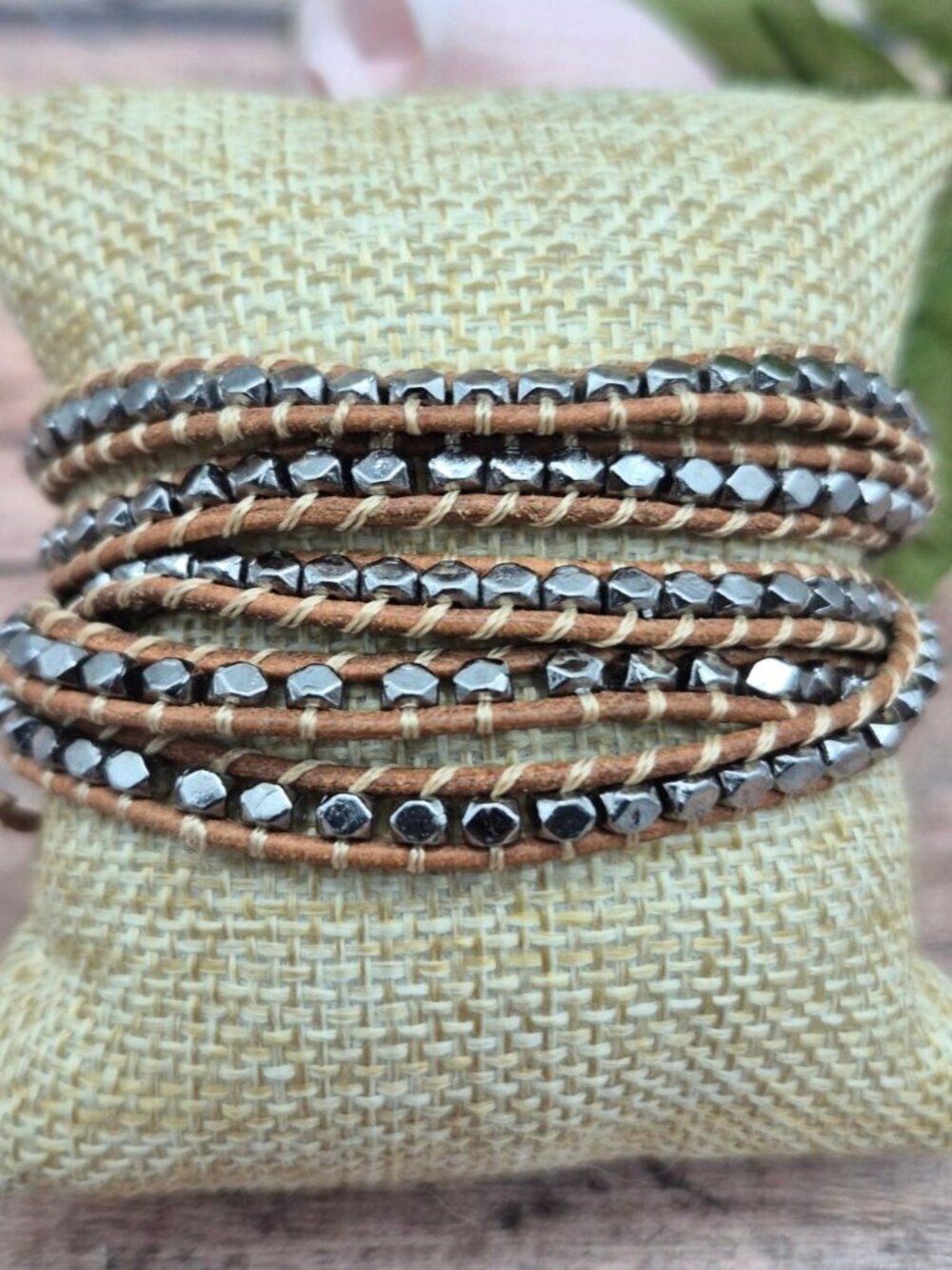 Victoria Emerson Brown & Silver Metallic Beaded Wrap Bracelet 34" Boho Neutral
